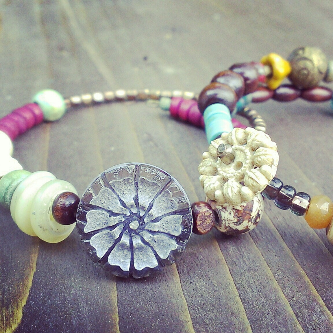 bohemian linen collage bangle pair vintage buttons and beads No.1