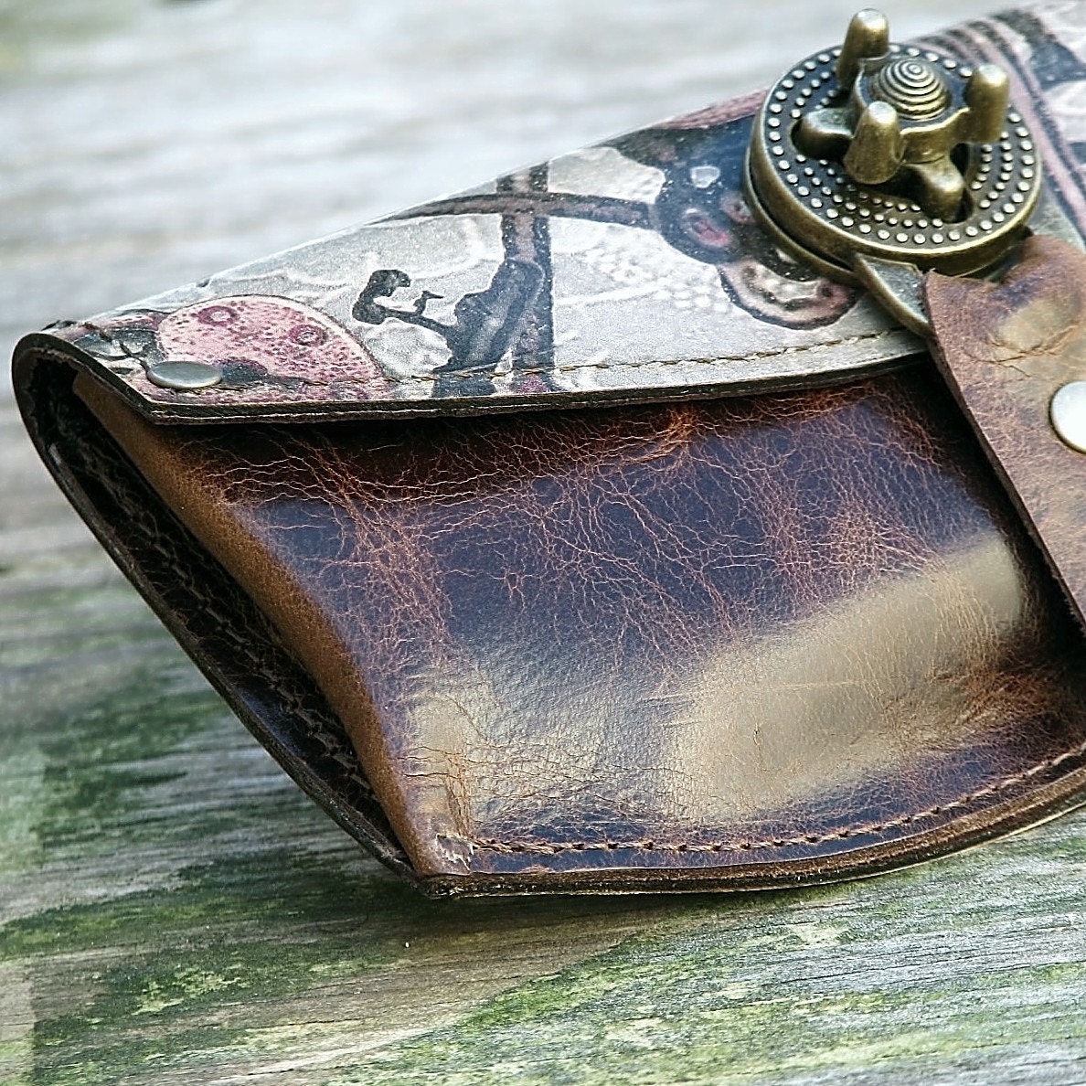 Women's Leather Wallet - Steampunk Heart Lock and Key on Distressed Brown with Antique Brass Hardware