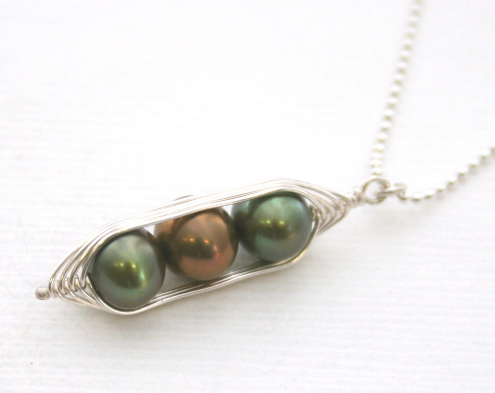 Peapod necklace. Three peas in a pod, metallic forest green pearl pendant on sterling silver chain.