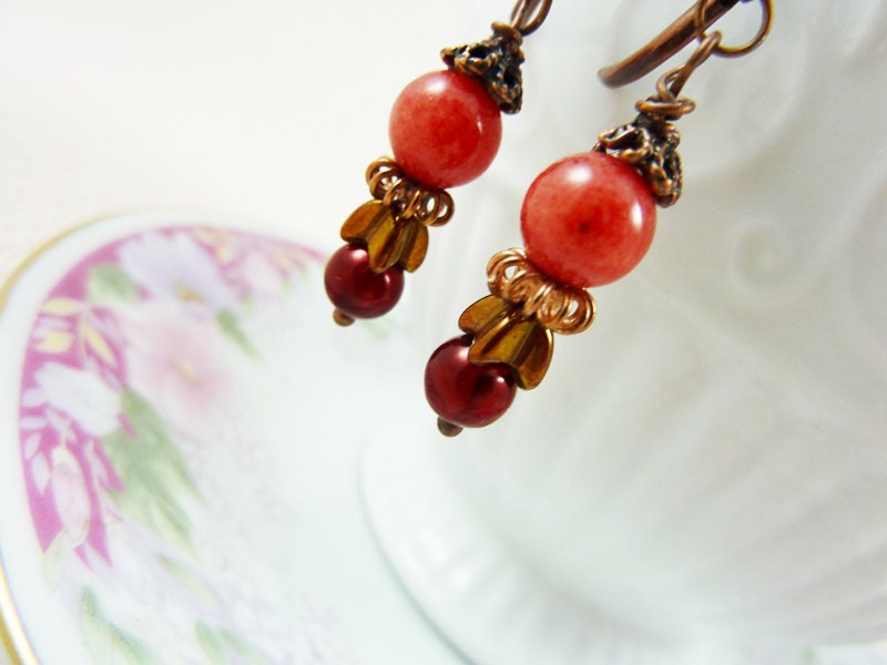 Beaded Dangle Earrings in Coral Brass Cranberry Red, Rustic Vintage Blossoms
