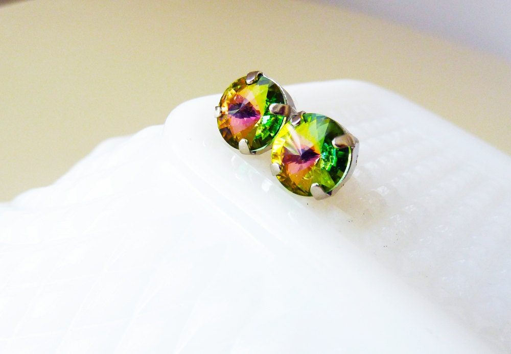 Fancy Estate Earrings, Bling Rhinestone Earrings,Vintage Rhinestone Posts in Peacock Green Pink
