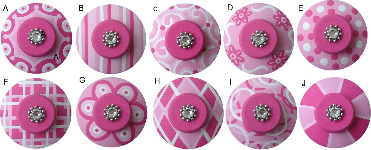 HANDPAINTED Jeweled Pink and White Swarovski Crystal Embellished Drawer KNOBS Pulls Choose Your Designs