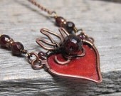 Sacred Heart Necklace ... Stained Glass Effect Wire Wrapped Copper with Garnets