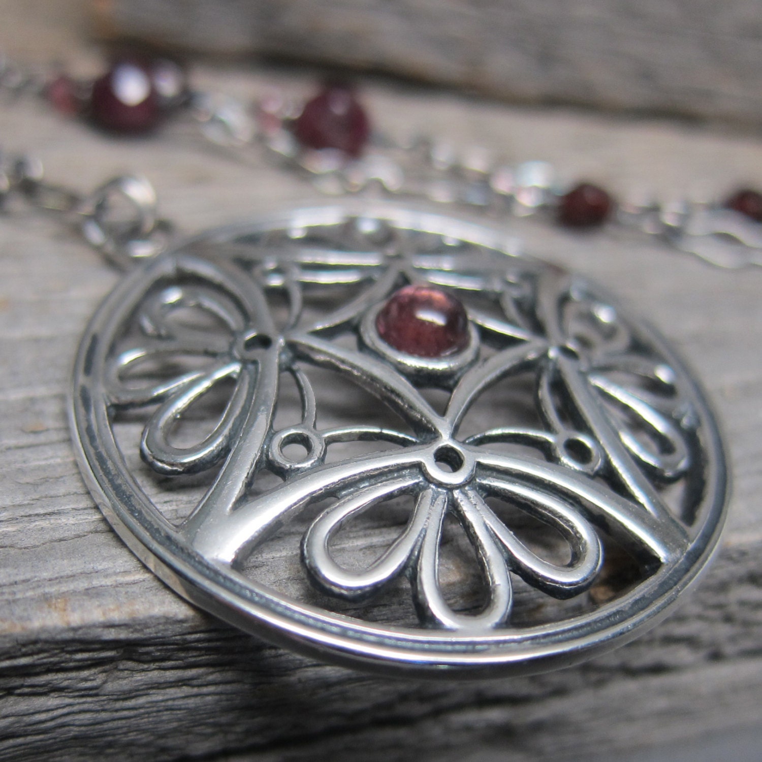 Kore's Garden Necklace ... Sterling Silver Art Nouveau Flowers with Pink Tourmaline