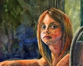 ACEO ATC Young Girl Direct Gaze Independence Day Watercolor Print DelPesco
