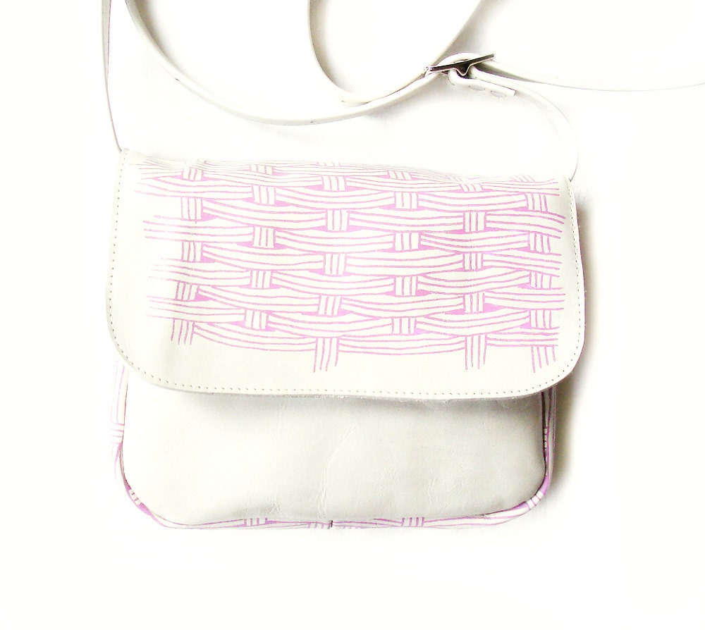 Small Leather Messenger Bag in Bone leather With Pink Basket Screenprint
