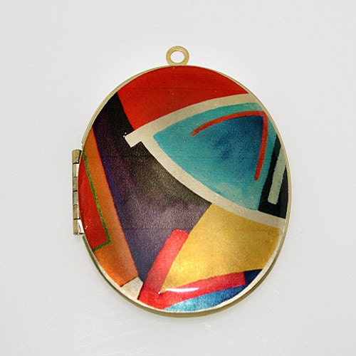 Large Oval Altered Art Photo Locket - Geometric Color Pattern - Art Locket