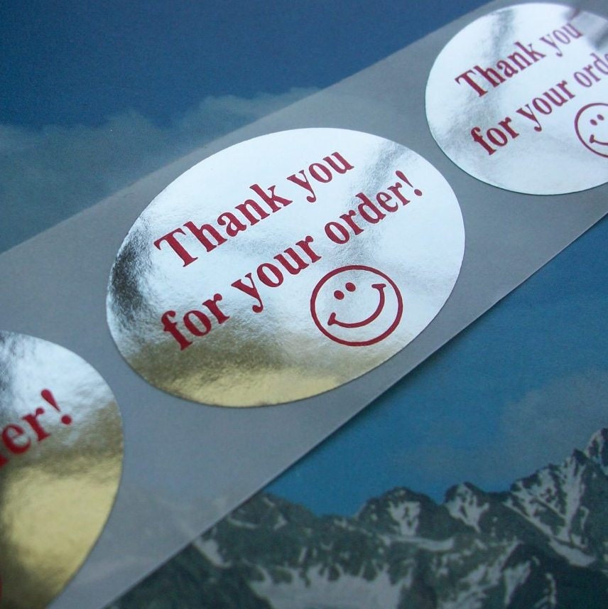 80 silver 'thank you for your order' stickers, smiley face, 2 inch