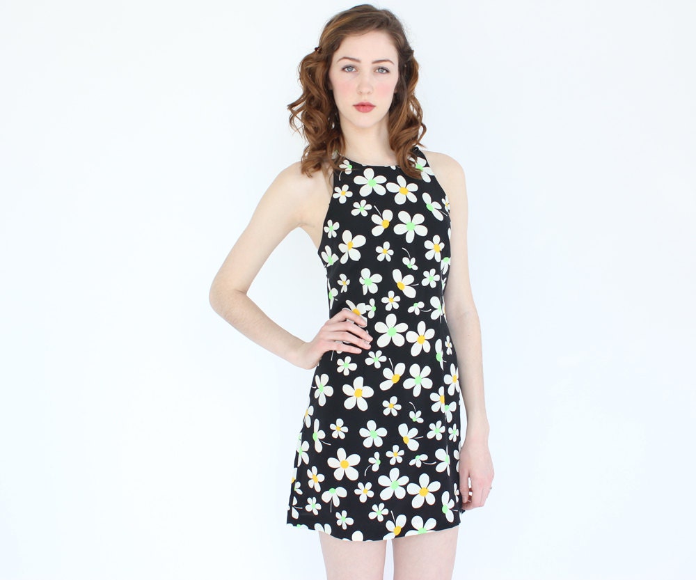 vintage 90's bright floral flower print daisy mini dress