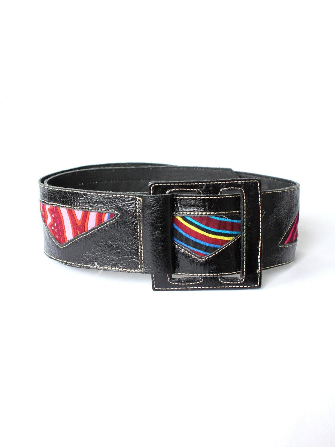 vinage 1980 fabric panel belt / geometric leather panel belt / wide adjustable belt
