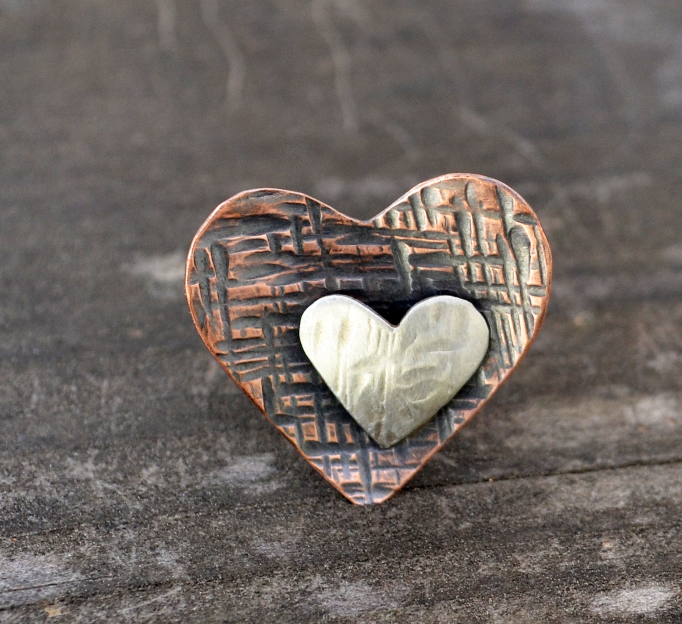double heart brooch - mixed metal