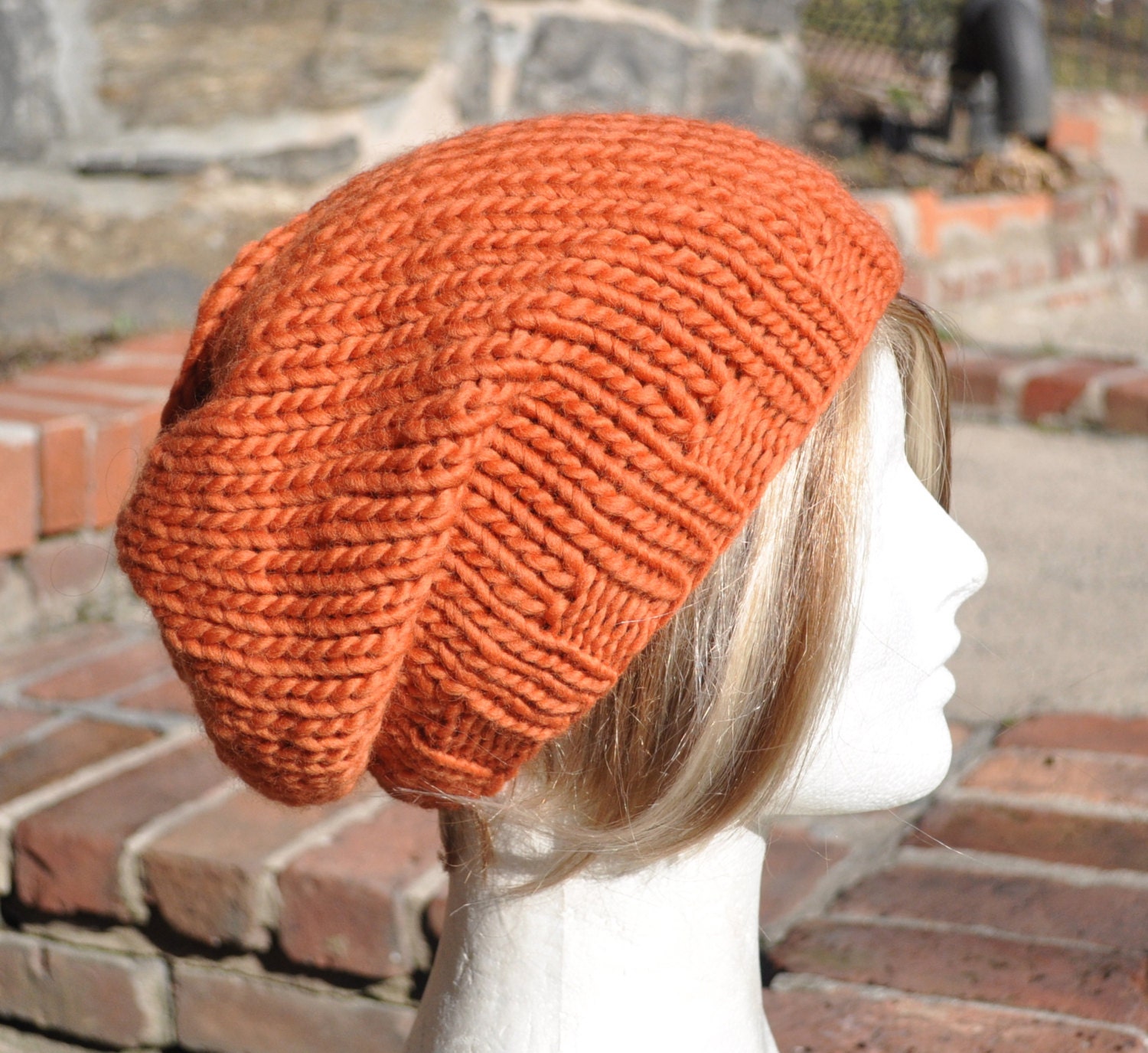 Pumpkin Orange Knit Hat - Wool Ribbed Knit Slouchy Hat - Unisex Hat