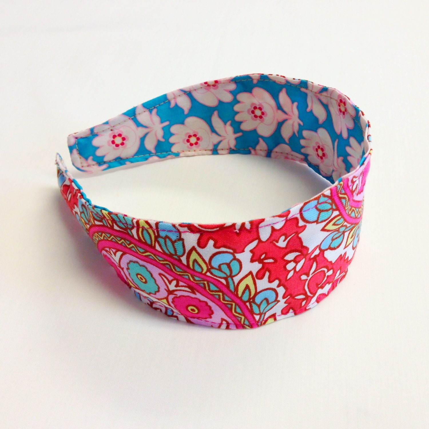 Reversible Fabric Covered Headband - Turquoise and Pink