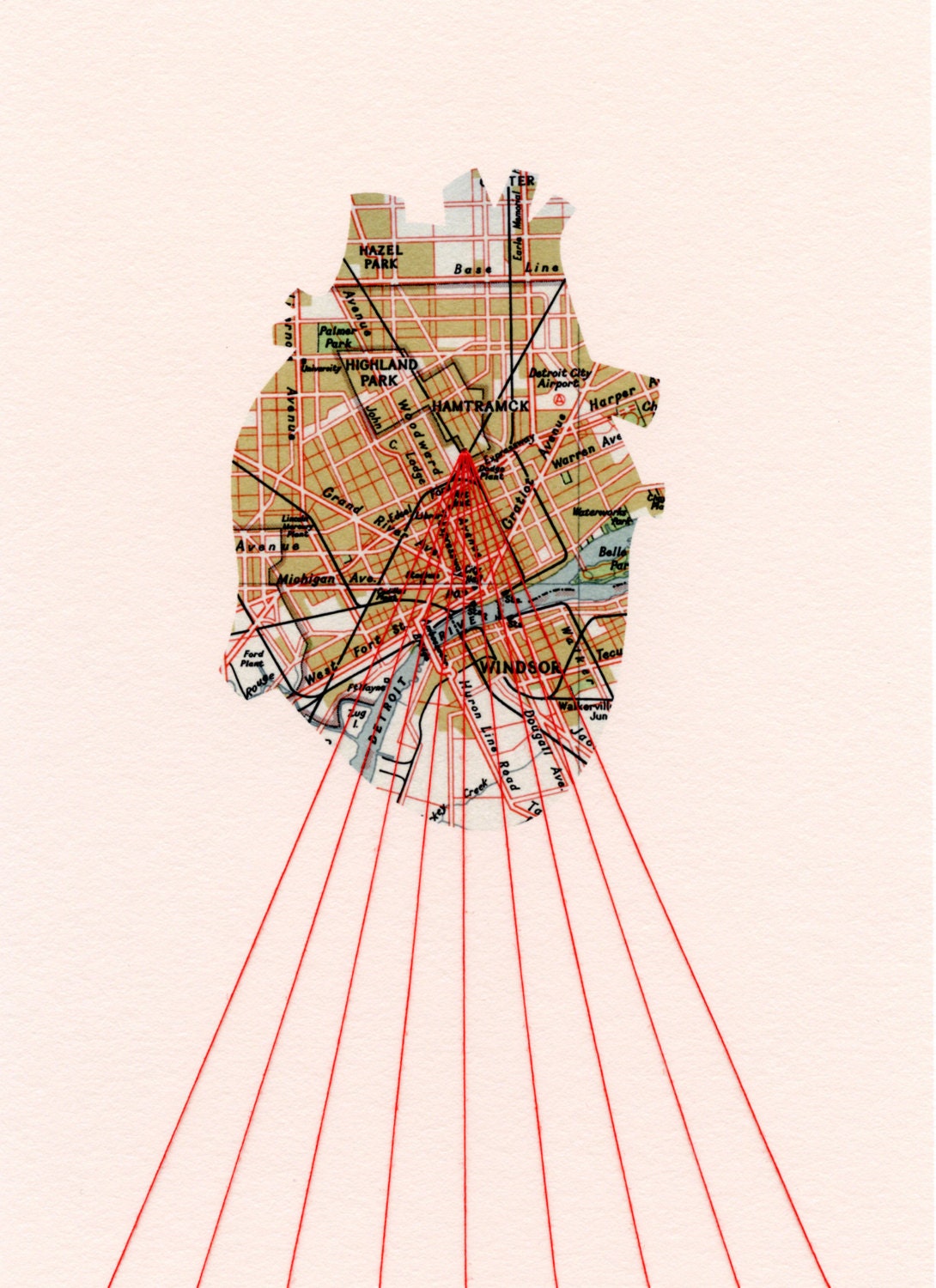 CUSTOM Embroidered Print 'One Heart' / map collage anatomical heart red thread