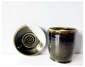 Pottery tumbler and saucer - handmade ceramic cup with plate - mint dark green stoneware dish set