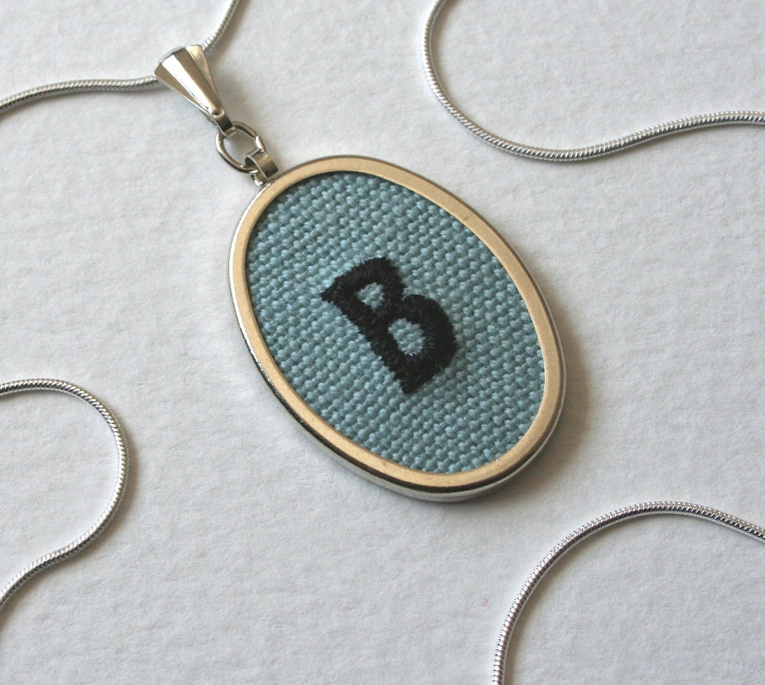 Embroidery Initial Necklace Duck Egg Blue Black Lettering B