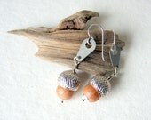 Acorn Earrings - rosewood beads, silver tone acorn bead caps, metal hardware, woodland fashion, Industrial Flora