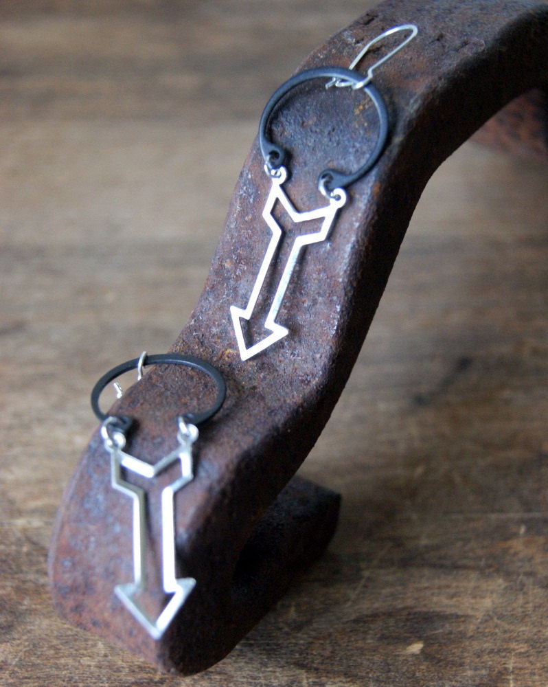 Industrial Arrow Earrings - open silver arrow earrings, steel retaining rings, hardware, geometric