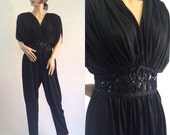 1980s Black Draped Ruched Sequined Disco Jumpsuit by Darcy, Harem Pants, Cocktail, After 5, Size 9 10