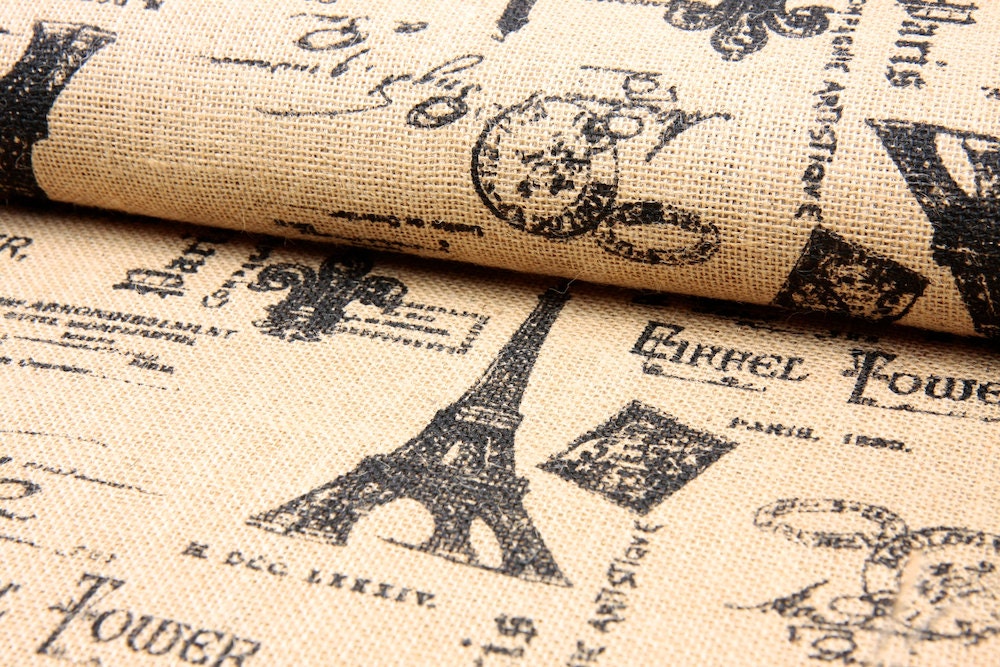 Printed Jute Burlap Fabric - Paris Eiffel - by the yard