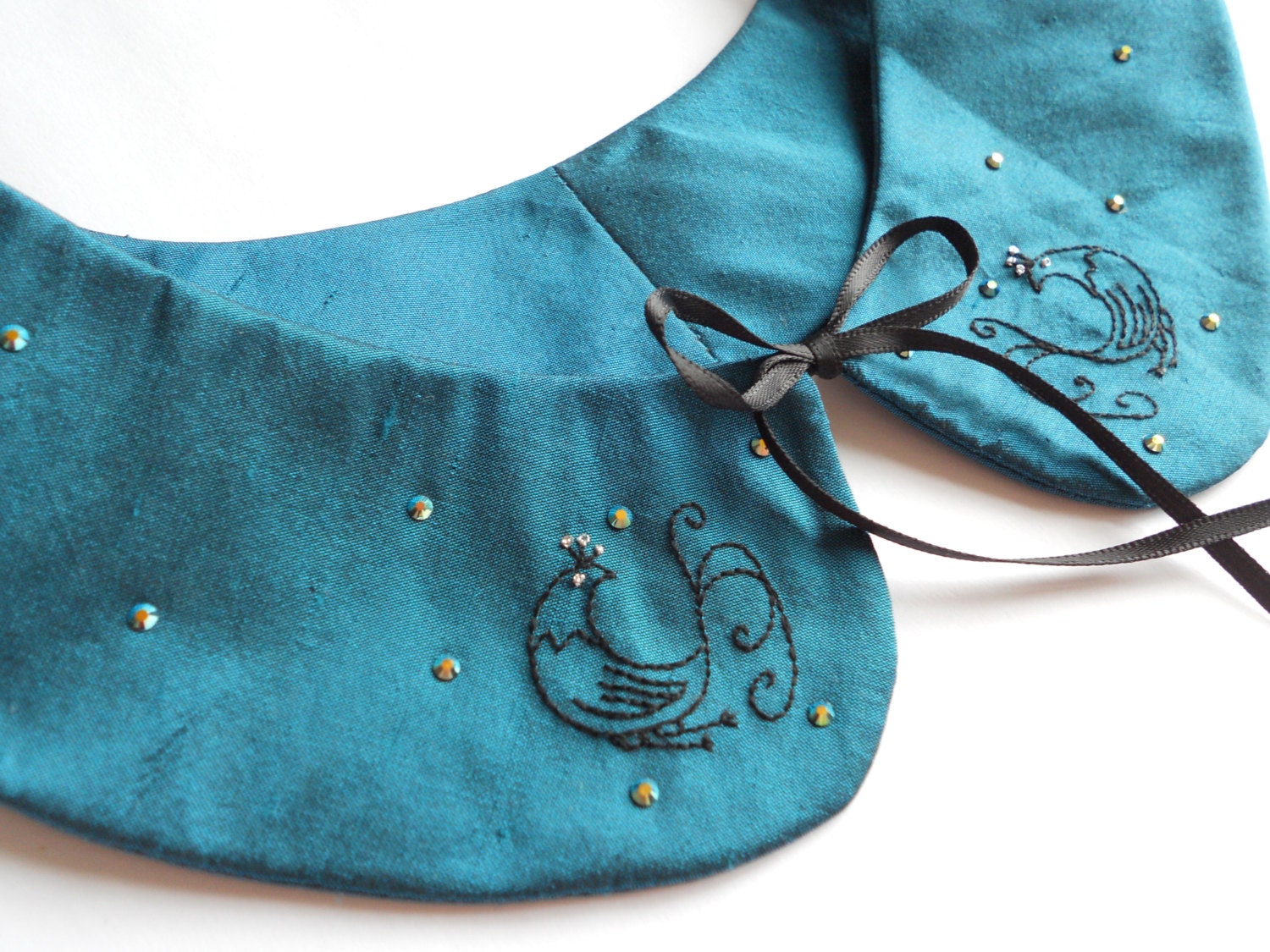 Peacock Green Silk and Swarovski Crystal Paradise Bird Hand Embroidered Peter Pan Collar