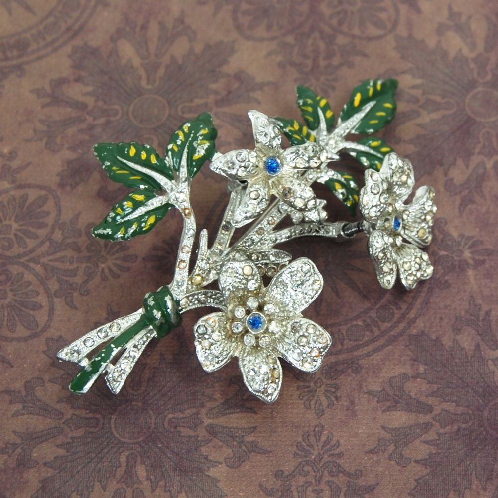RARE Art Deco 3 Dimensional Trembler Brooch Enameled Flowers Paste Rhinestone Circa 1930