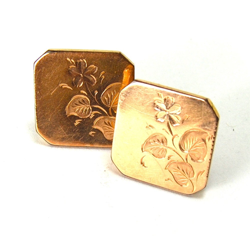 Victorian Cuff Links 12 Karat Gold Fill with Violet Floral Spray Flourish Engraving CIRCA 1880