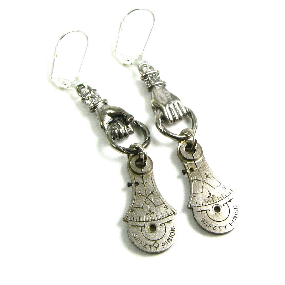 Steampunk Earrings with HANDS Holding RARE Highly Detailed Pocket Watch Regulators in Silver by Nouveau Motley