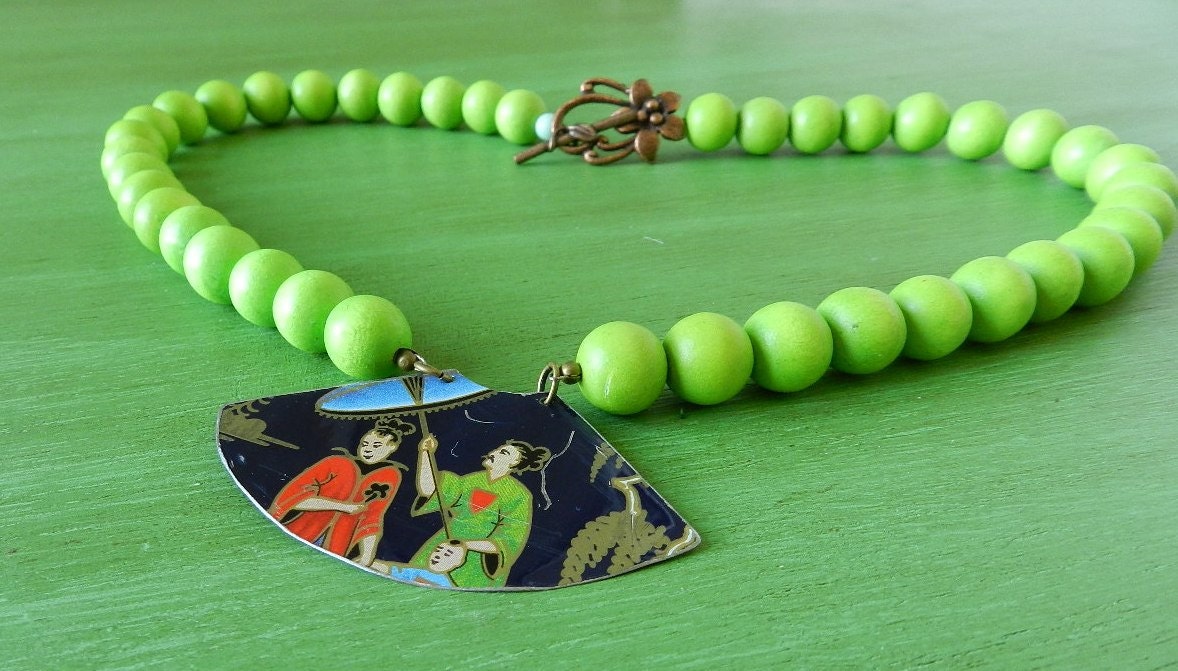 Green wooden beads and vintage tin Asian necklace