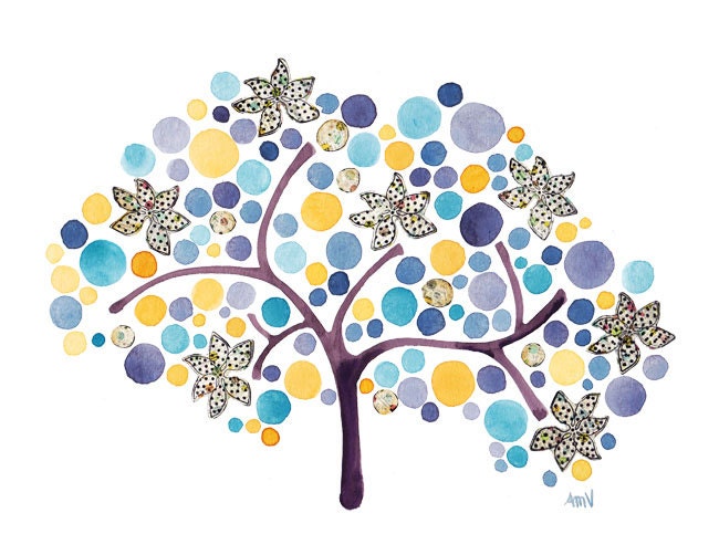 Original Landscape Painting Tranquillity Tree Landscape Art Painting with Collage Elements