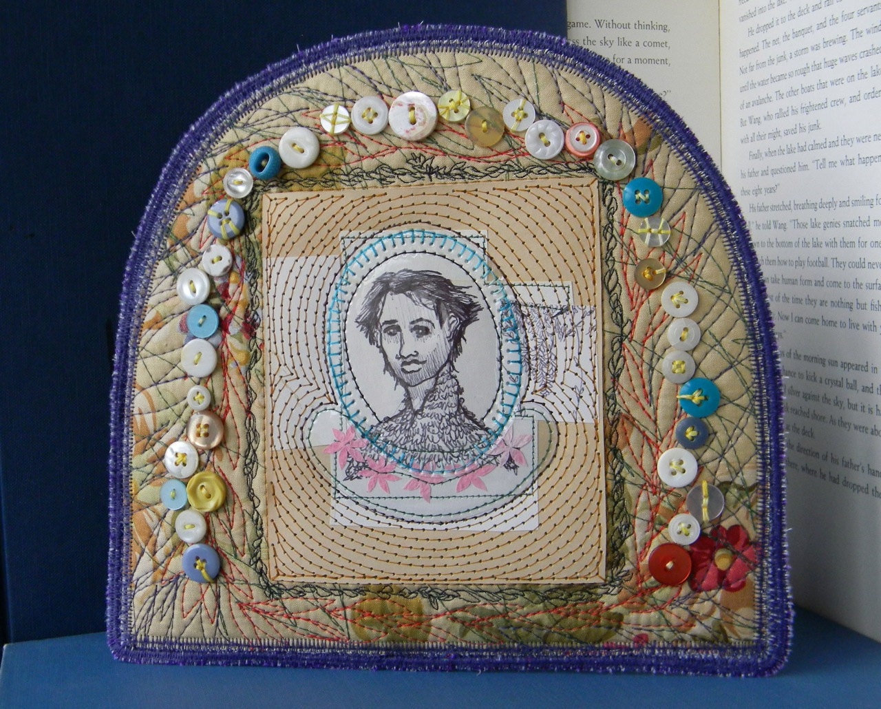 celebrating, original ball point pen drawing sewn collage art piece