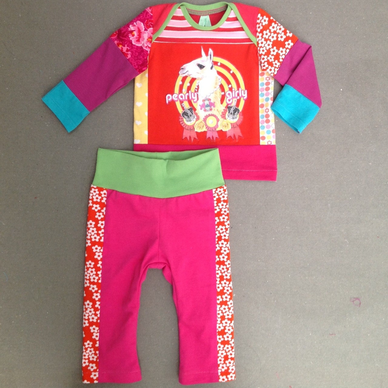 Upcycled baby girls T-shirt and trousers set size 2 up to 4 months