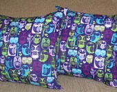 2 Pillow Covers, Purple Turquoise Green Pink Owls 16 inch