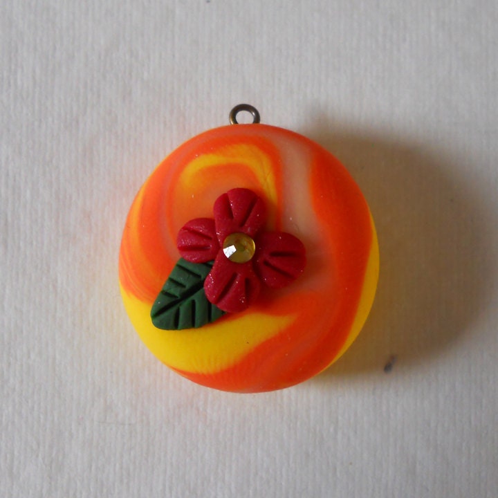 Yellow and Orange Pendant/Focal with Swarovski Crystal in a Flower