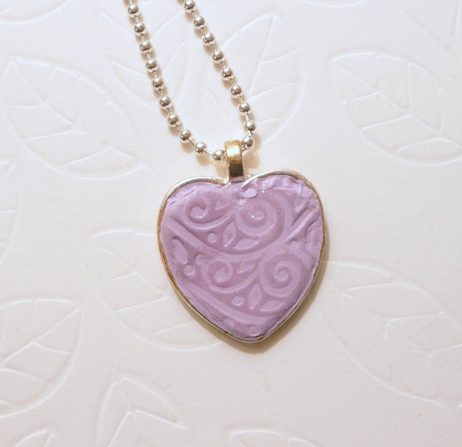 Lavender Heart Necklace - Polymer Clay in Bezel Handmade Jewelry