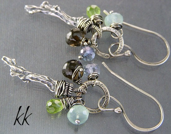 Sterling Silver Coral Branch & Gemstone Wrapped Earrings
