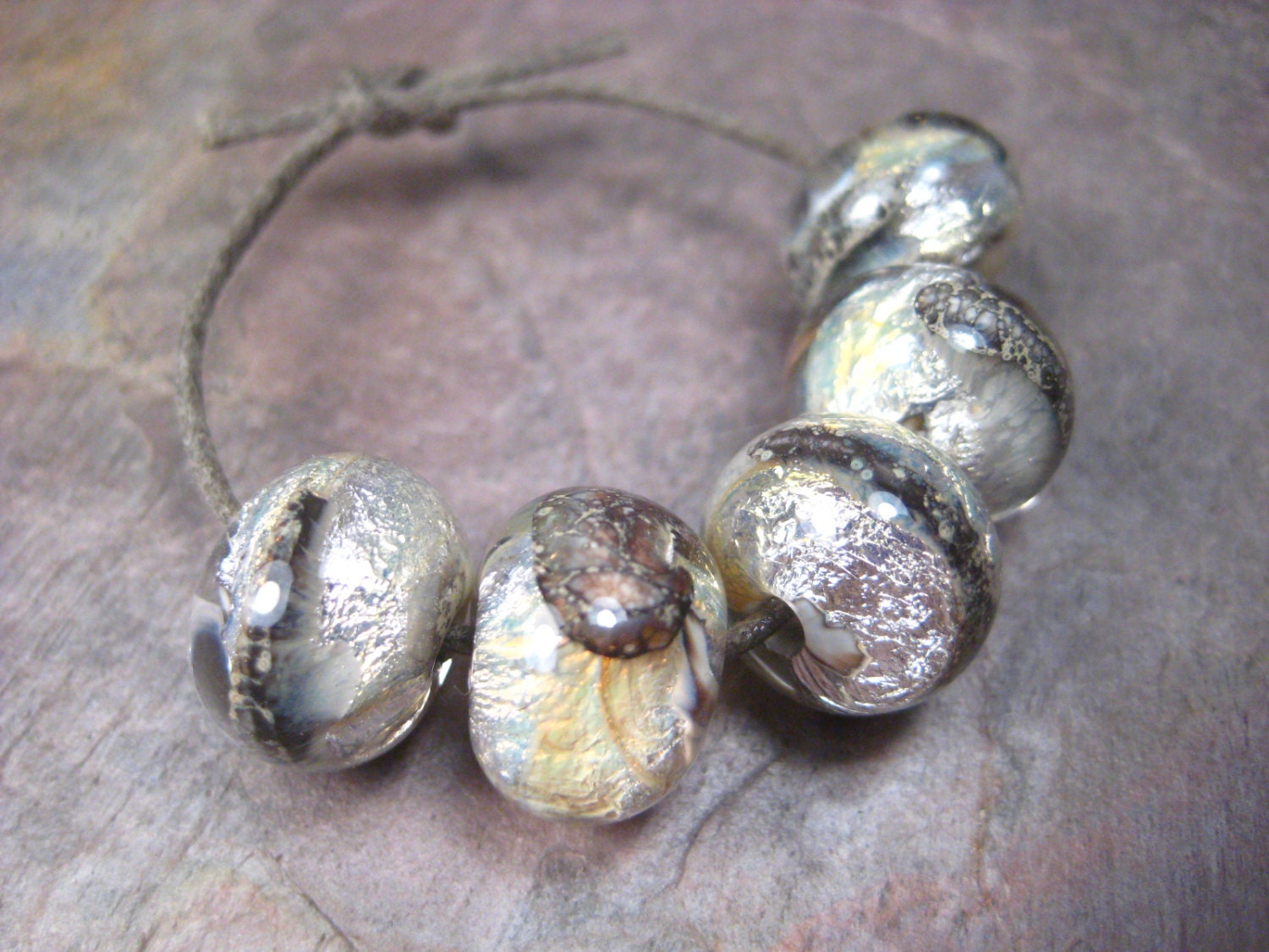 neutral river rock jewels (5) petite lampwork glass beads