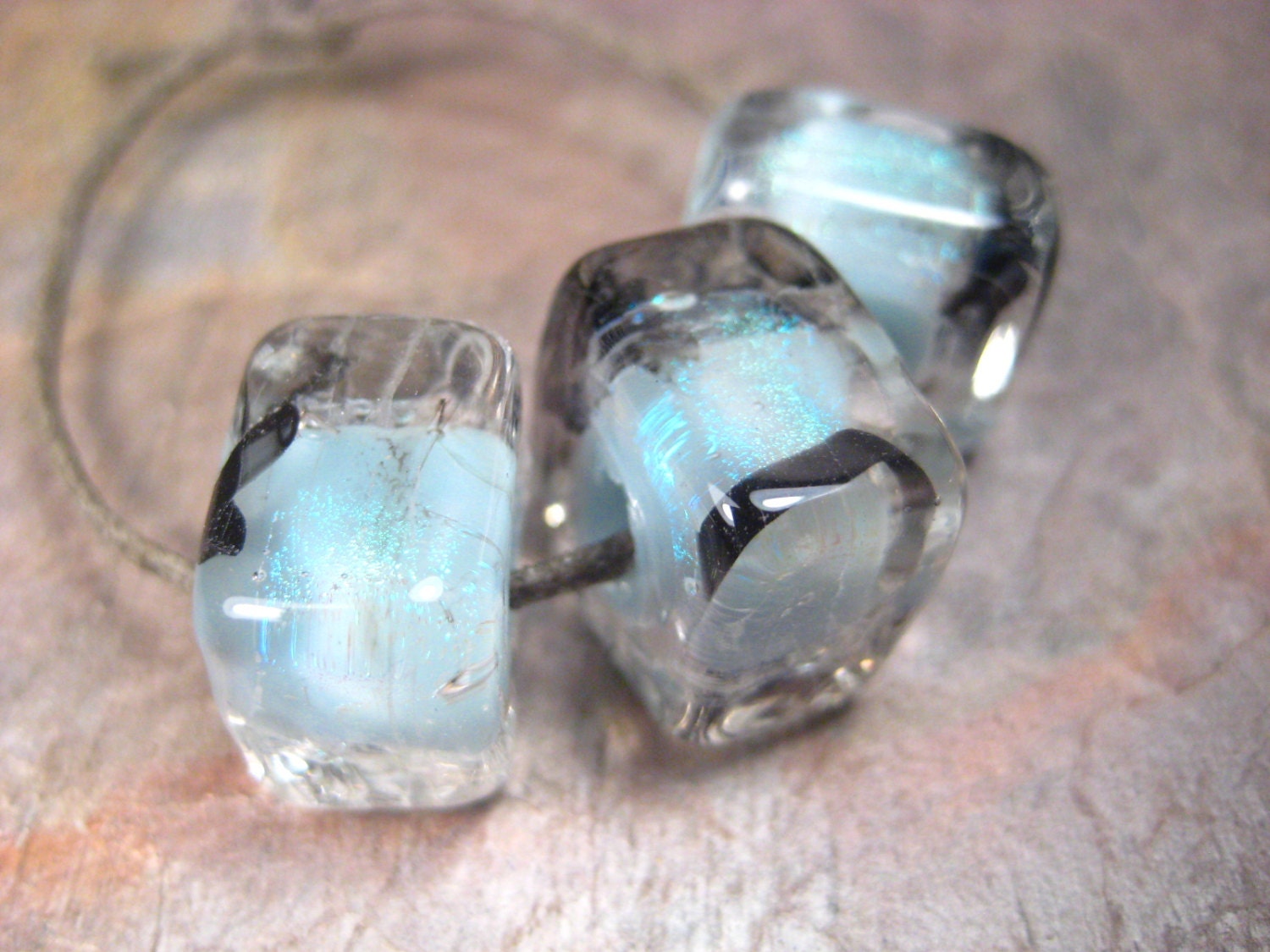 icy bullseye dichro cube (3) experimental lampwork glass beads