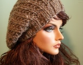 Slouchy Knit Hat, Brown Tweed Beret, Knit Slouch Tam Beanie