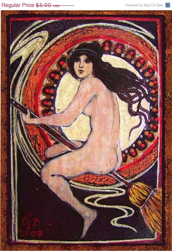 ON SALE Little Nude Nouveau Witch - 5x7 Blank Greeting Card