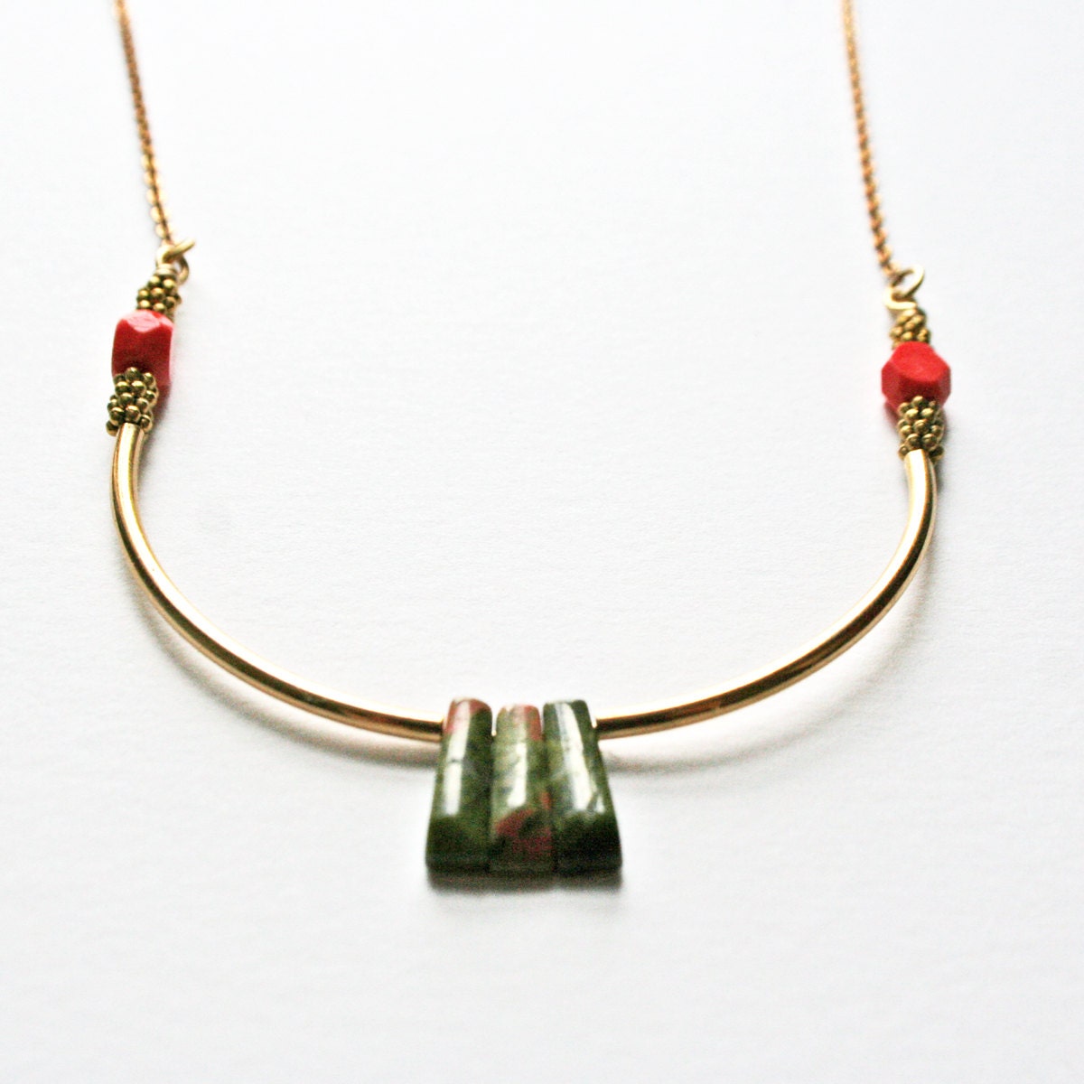 entrence geometric necklace - green agate and brass findings necklace