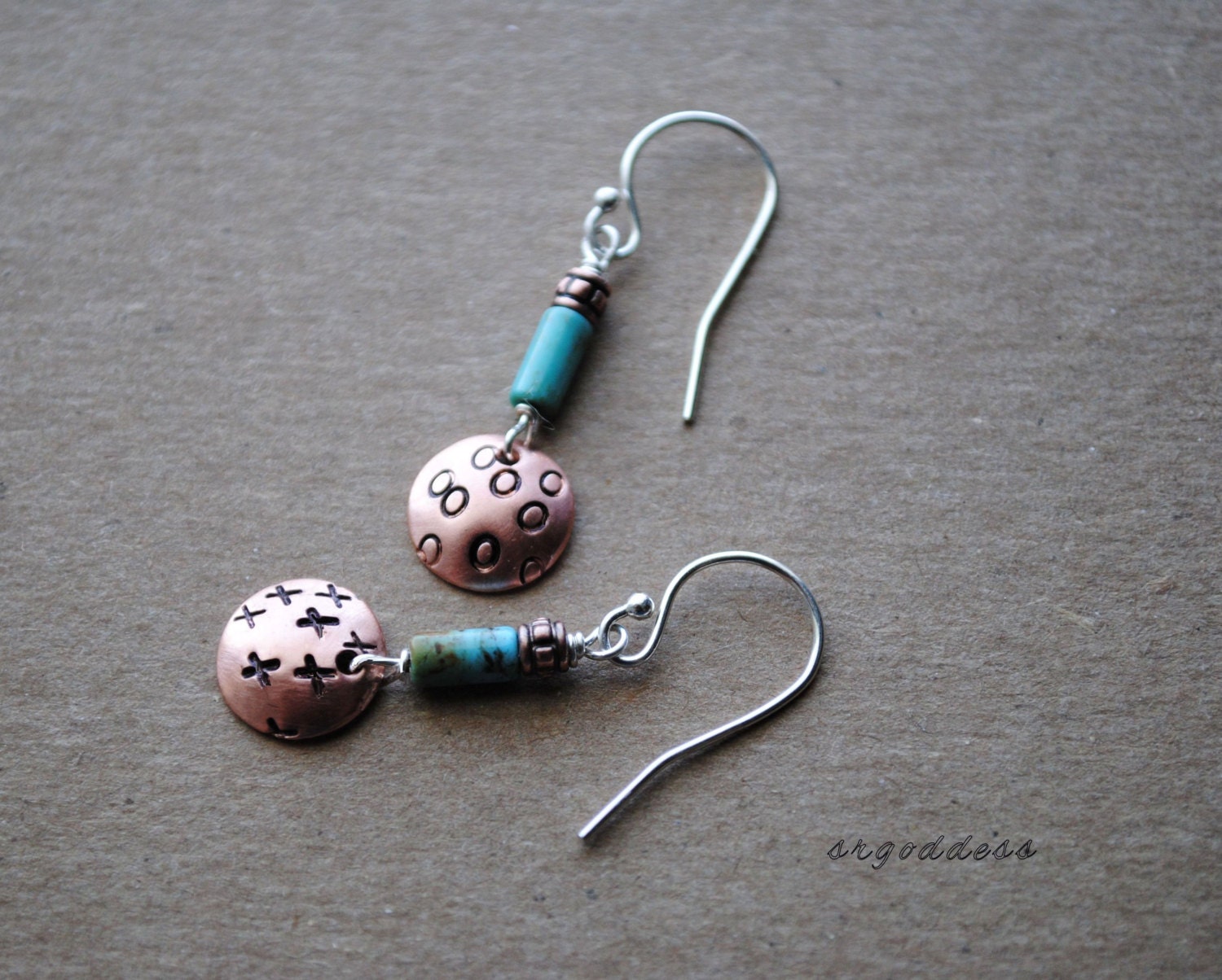 HUGS and KISSES sterling silver and turquoise and copper earrings by srgoddess