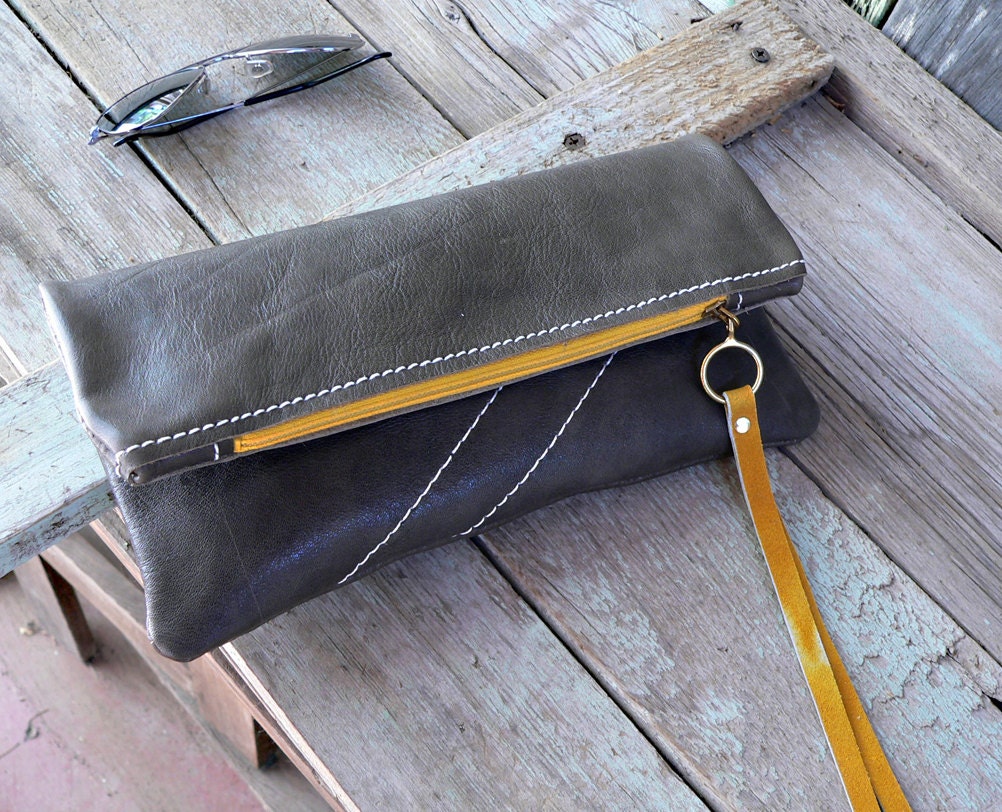 leather fold over clutch sunshine and gray  bag for her