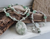Peace Jade and Aventurine beaded necklace, bracelet, and earrings set, soft colors, spring colors