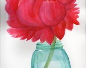 Red Peony  Aqua Canning Jar Floral Watercolor Painting, Original Flowers painting