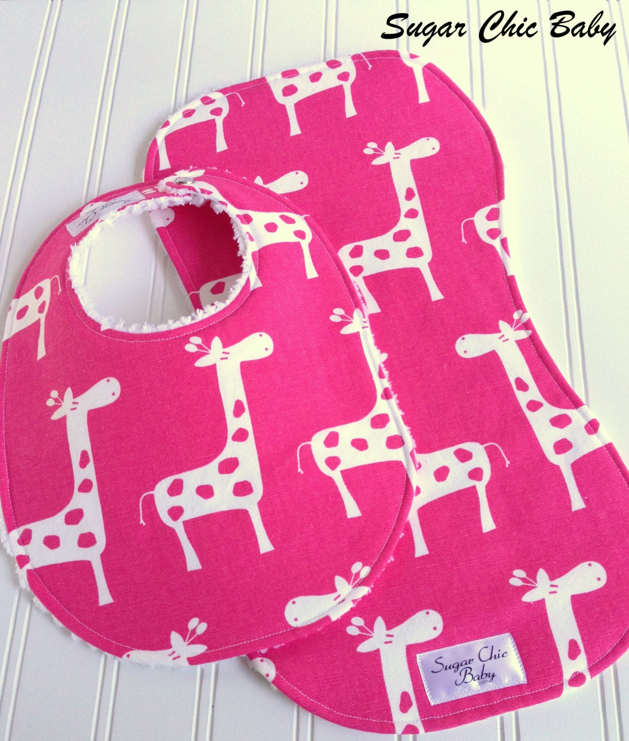 Baby Girl Bib & Burp Cloth Set  - Triple Layer Chenille - Candy Pink Giraffe