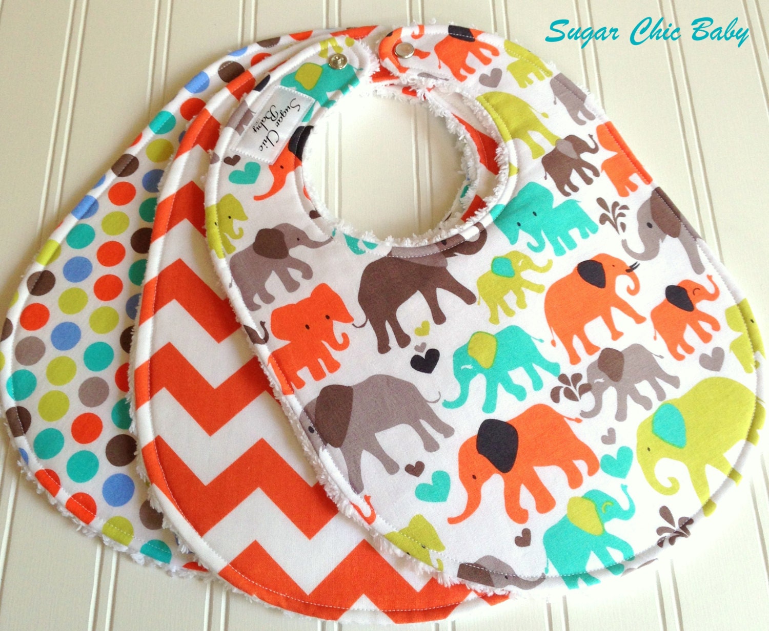 Gender Neutral Bibs For Boy or Girl -  Set of 3  Triple Layer Chenille  -  Elephant Walk, Orange Chevron &  Diddley Dots