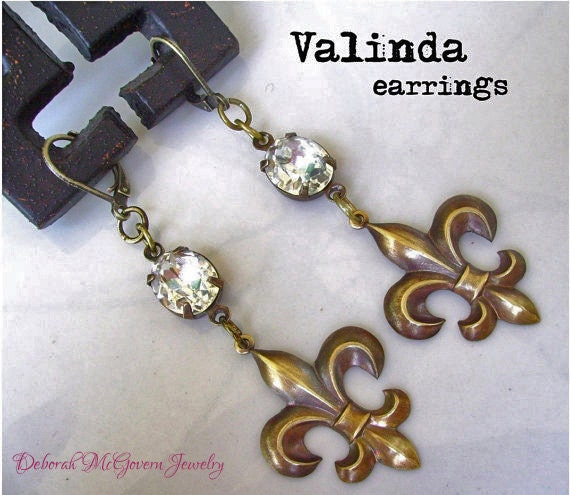 Antique Brass Earrings, Vintage Crystal Earrings, Fleur de Lis Dangle Earrings, French, Leverback style, Bridal Wedding Jewelry VALINDA