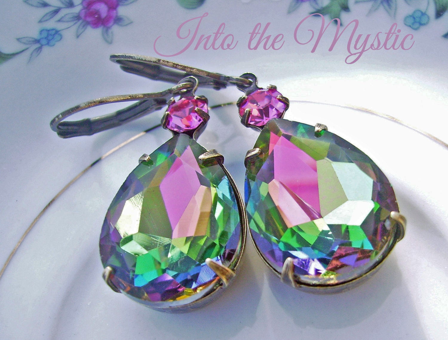 Vitrail Vintage Estate Style Earrings, Pear teardrop and rose crystal earrings, bridal wedding jewelry, Old hollywood - Into the Mystic