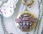 Bohemian Antique Brass Locket Necklace -  Patina locket, Honey Bee, steampunk toggle, vintage rhinestone jewelry, Shabby chic - Queen Bee